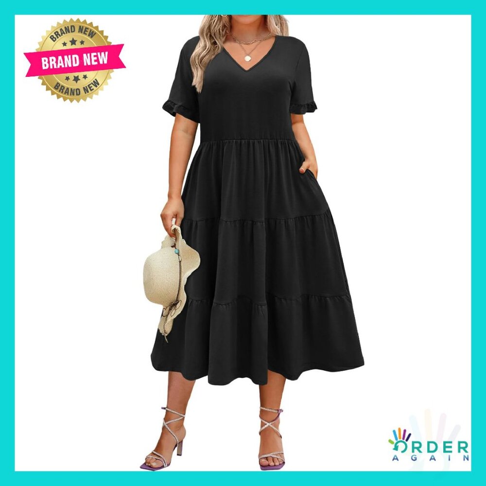 Plus Size Tiered Midi Dress V-Neck Flowy Casual Summer Pockets